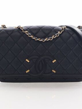 Chanel Black Medium Caviar Leather Filigree Flap Bag with Gold Hardware
